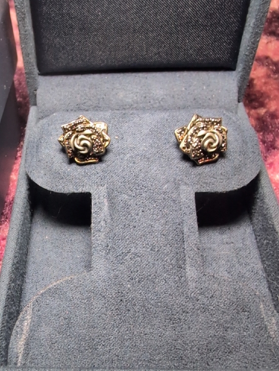 enchanted disney Jewelry - Black Diamond Floral Rose Stud Earrings In Sterling Silver for Women
